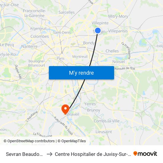 Sevran Beaudottes to Centre Hospitalier de Juvisy-Sur-Orge map