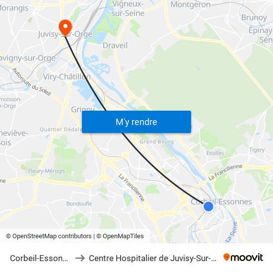 Corbeil-Essonnes to Centre Hospitalier de Juvisy-Sur-Orge map