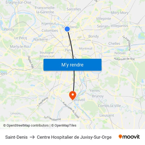 Saint-Denis to Centre Hospitalier de Juvisy-Sur-Orge map