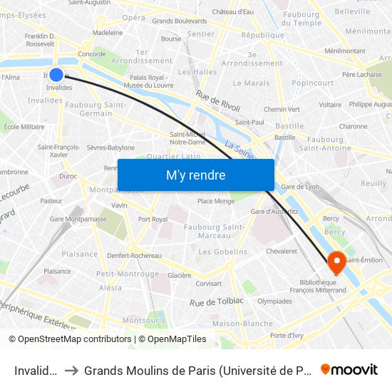 Invalides to Grands Moulins de Paris (Université de Paris) map