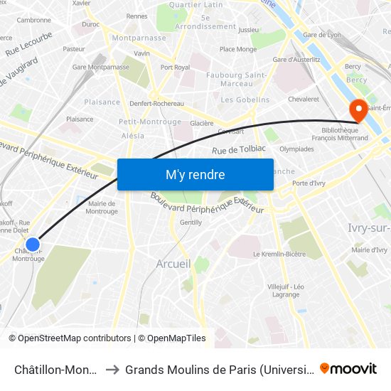 Châtillon-Montrouge to Grands Moulins de Paris (Université de Paris) map