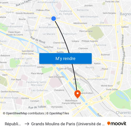 République to Grands Moulins de Paris (Université de Paris) map