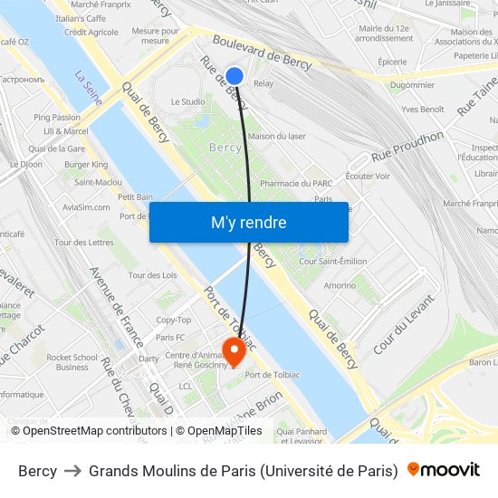 Bercy to Grands Moulins de Paris (Université de Paris) map