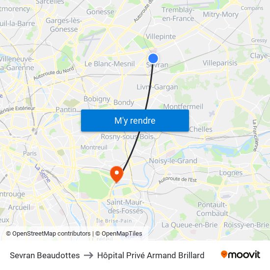 Sevran Beaudottes to Hôpital Privé Armand Brillard map