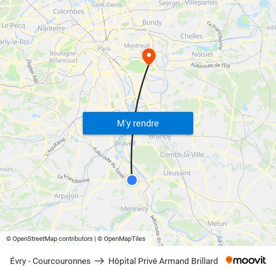 Évry - Courcouronnes to Hôpital Privé Armand Brillard map