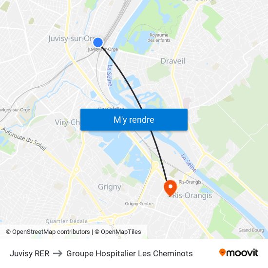 Juvisy RER to Groupe Hospitalier Les Cheminots map