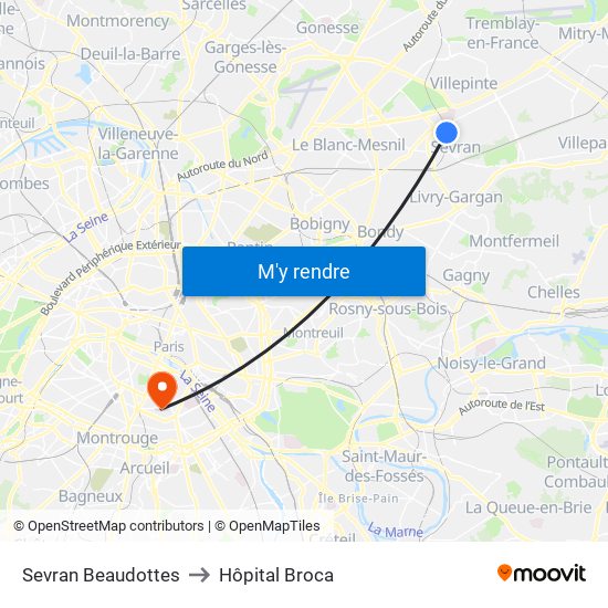Sevran Beaudottes to Hôpital Broca map