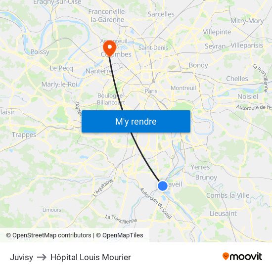 Juvisy to Hôpital Louis Mourier map