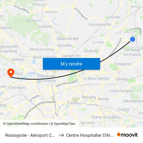 Roissypole - Aéroport Cdg1 (E2) to Centre Hospitalier D'Argenteuil map
