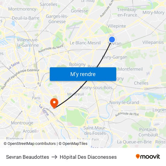 Sevran Beaudottes to Hôpital Des Diaconesses map