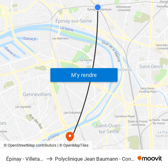 Épinay - Villetaneuse to Polyclinique Jean Baumann - Consultations map