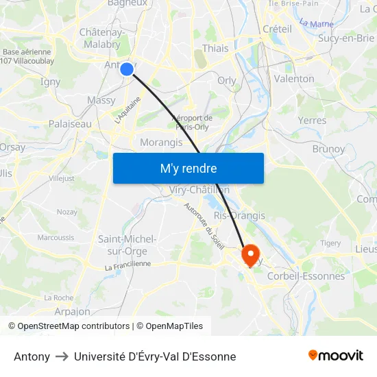 Antony to Université D'Évry-Val D'Essonne map