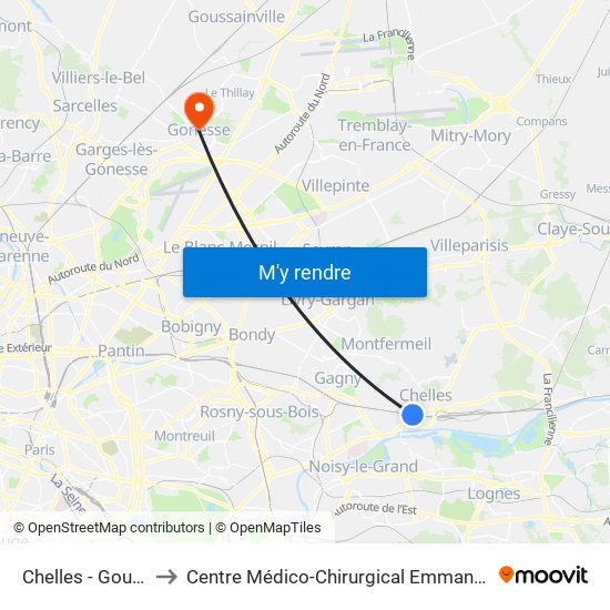 Chelles - Gournay to Centre Médico-Chirurgical Emmanuel Rain map