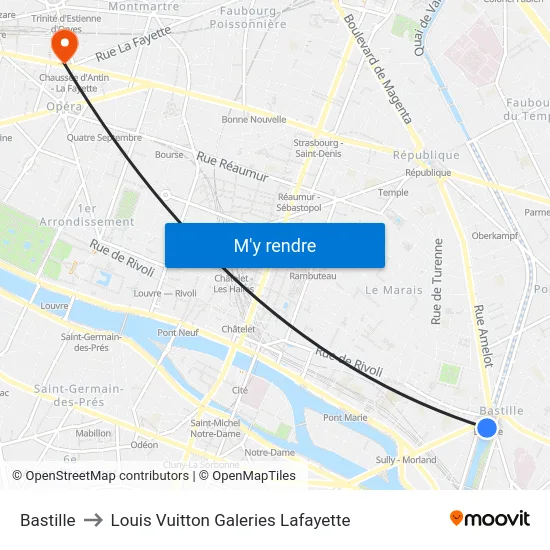 Bastille to Louis Vuitton Galeries Lafayette map