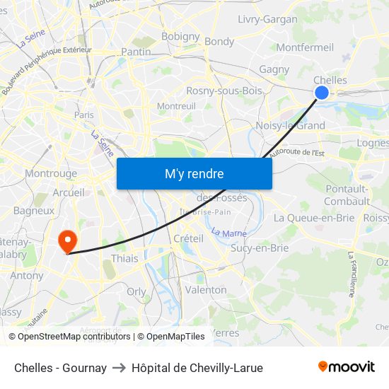 Chelles - Gournay to Hôpital de Chevilly-Larue map