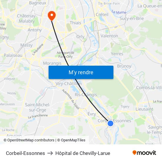 Corbeil-Essonnes to Hôpital de Chevilly-Larue map