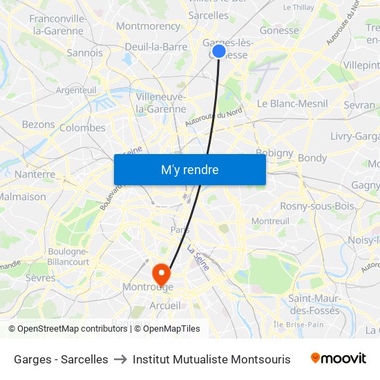 Garges - Sarcelles to Institut Mutualiste Montsouris map