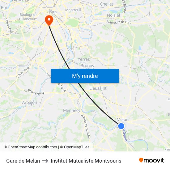 Gare de Melun to Institut Mutualiste Montsouris map