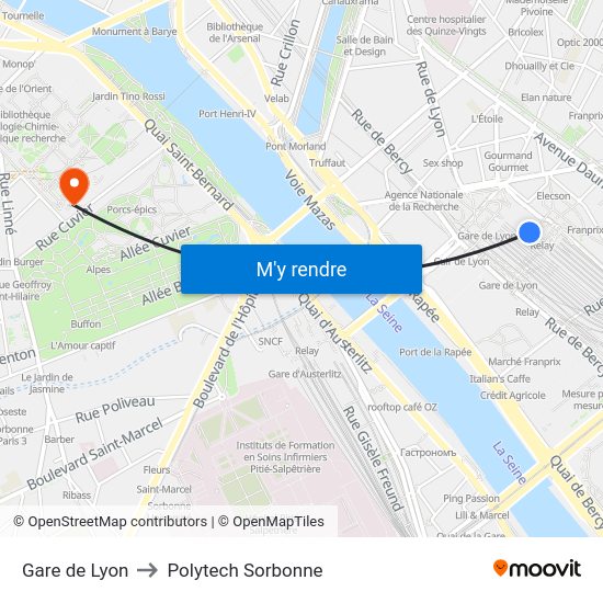 Gare de Lyon to Polytech Sorbonne map