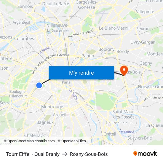 Tourr Eiffel - Quai Branly to Rosny-Sous-Bois map