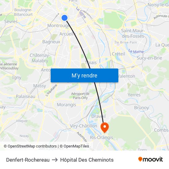 Denfert-Rochereau to Hôpital Des Cheminots map