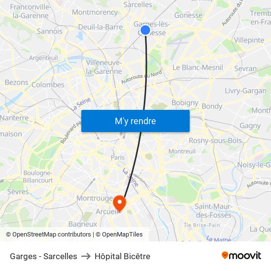 Garges - Sarcelles to Hôpital Bicêtre map