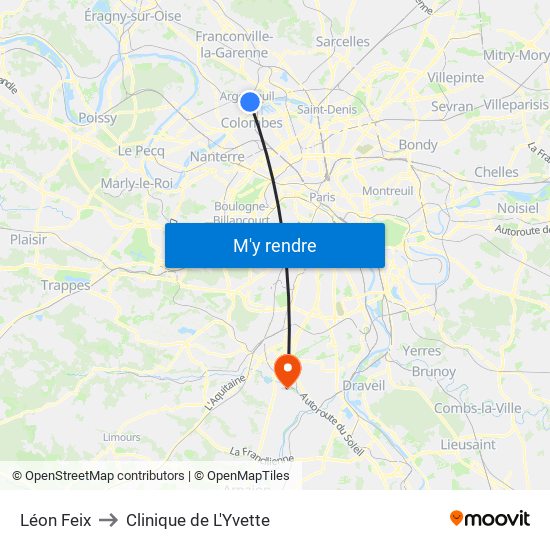 Léon Feix to Clinique de L'Yvette map