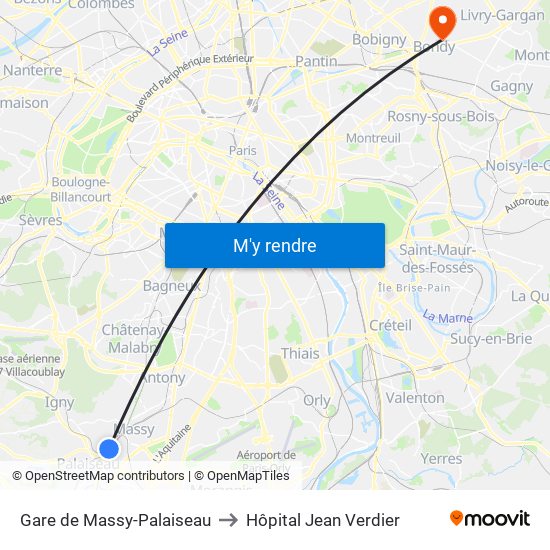 Gare de Massy-Palaiseau to Hôpital Jean Verdier map