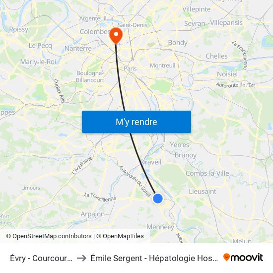 Évry - Courcouronnes to Émile Sergent - Hépatologie Hospitalisation map