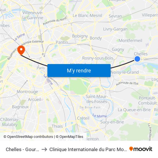 Chelles - Gournay to Clinique Internationale du Parc Monceau map