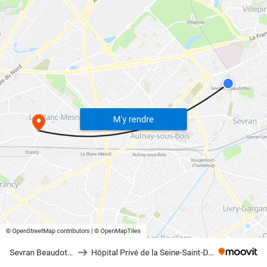 Sevran Beaudottes to Hôpital Privé de la Seine-Saint-Denis map
