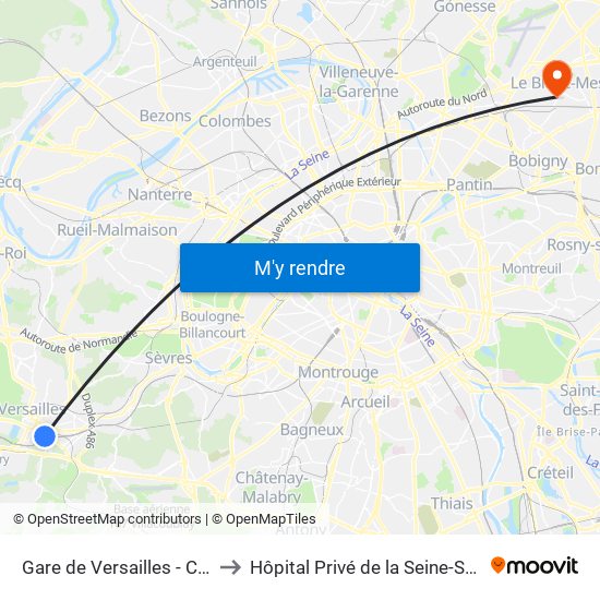 Gare de Versailles - Chantiers to Hôpital Privé de la Seine-Saint-Denis map