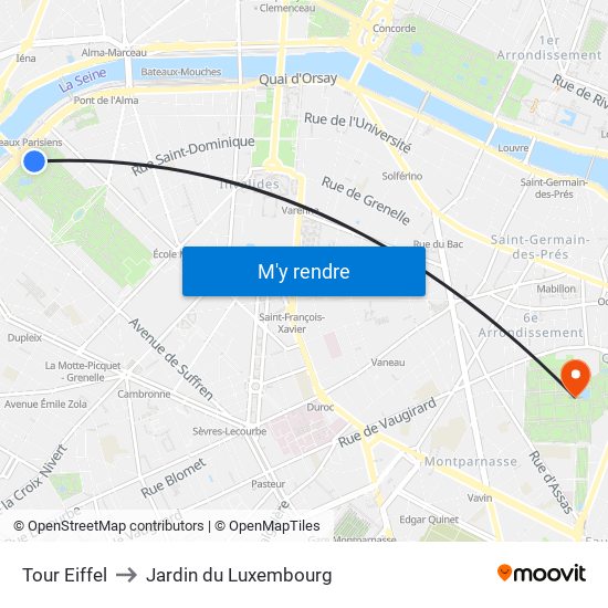 Eiffel Tower to Jardin du Luxembourg map