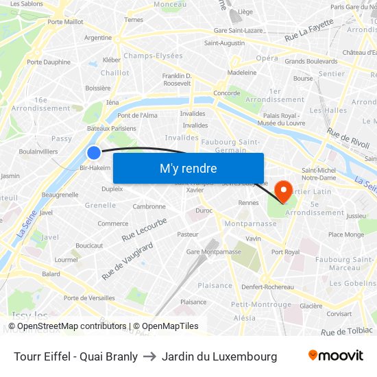 Tourr Eiffel - Quai Branly to Jardin du Luxembourg map