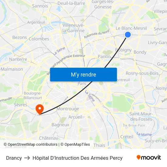 Drancy to Hôpital D'Instruction Des Armées Percy map