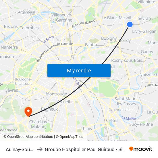 Aulnay-Sous-Bois to Groupe Hospitalier Paul Guiraud - Site de Clamart map