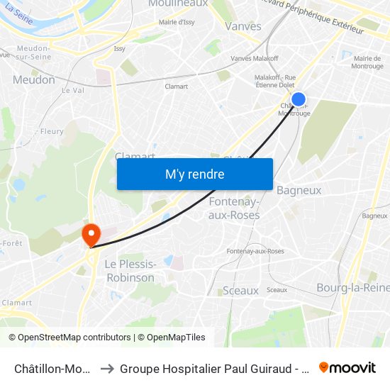 Châtillon-Montrouge to Groupe Hospitalier Paul Guiraud - Site de Clamart map