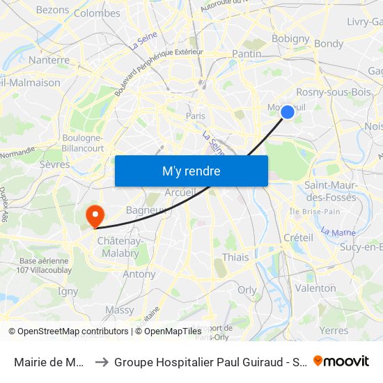 Mairie de Montreuil to Groupe Hospitalier Paul Guiraud - Site de Clamart map