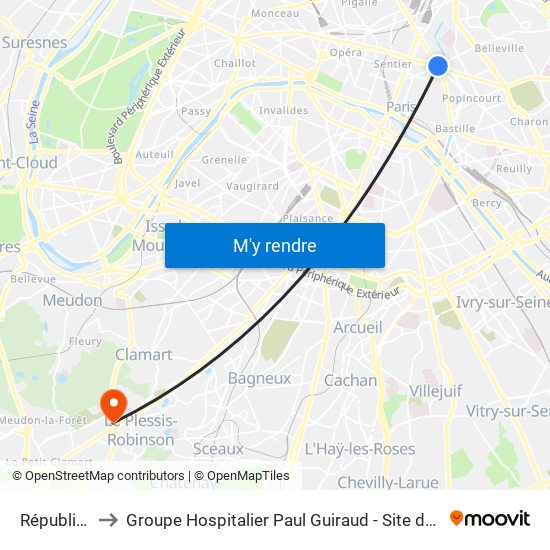 République to Groupe Hospitalier Paul Guiraud - Site de Clamart map