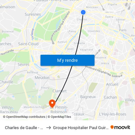Charles de Gaulle - Étoile - Wagram to Groupe Hospitalier Paul Guiraud - Site de Clamart map