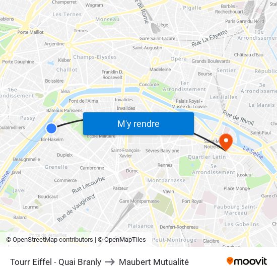 Tourr Eiffel - Quai Branly to Maubert Mutualité map