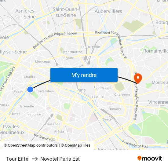 Eiffel Tower to Novotel Paris Est map