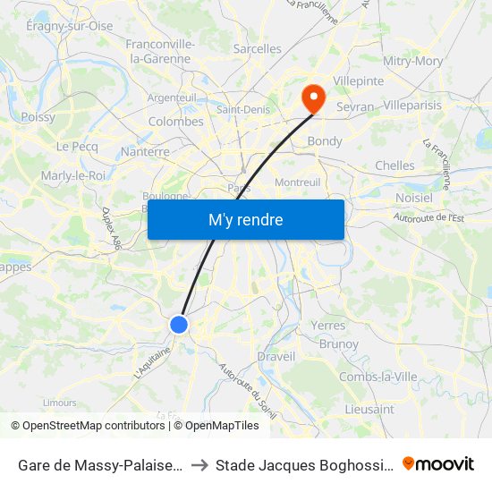 Gare de Massy-Palaiseau to Stade Jacques Boghossian map