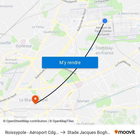 Roissypole - Aéroport Cdg1 (E2) to Stade Jacques Boghossian map