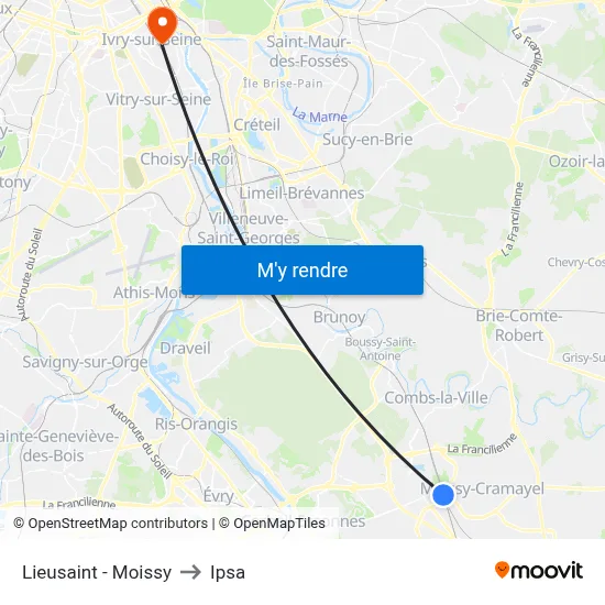 Lieusaint - Moissy to Ipsa map