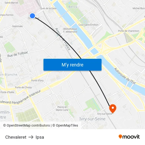 Chevaleret to Ipsa map