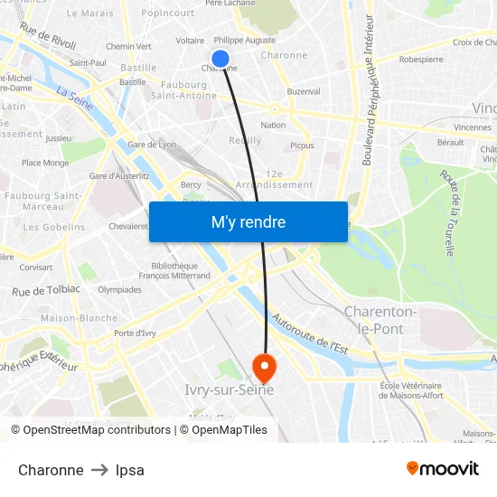 Charonne to Ipsa map