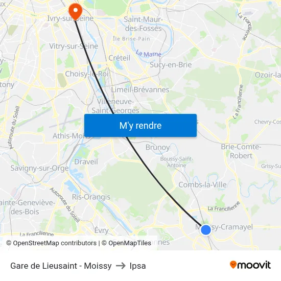 Gare de Lieusaint - Moissy to Ipsa map