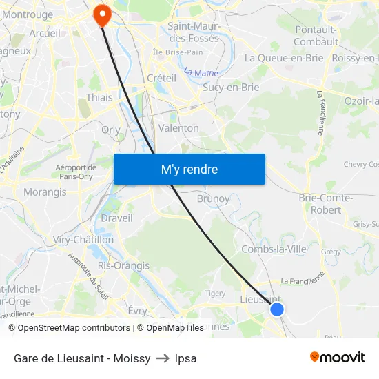 Gare de Lieusaint - Moissy to Ipsa map