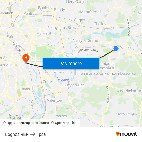 Lognes RER to Ipsa map